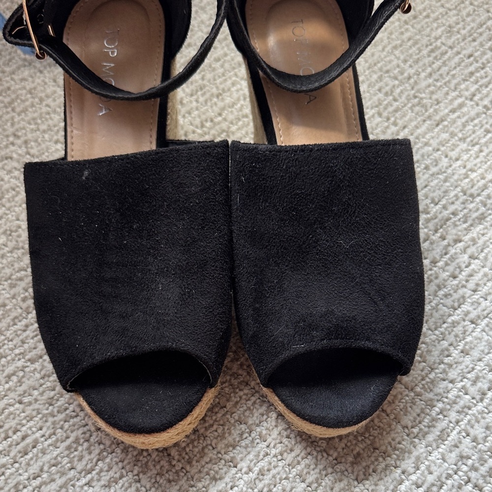 TOP Moda Black Suede Peep-Toe Wedge Sandals with Ankle Strap - Picture 7 of 7
